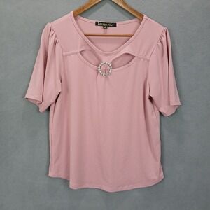 Louise Paris Blouse Top‎ Womens PL Pink Stretch Rhinestone Brooch Keyhole Modern